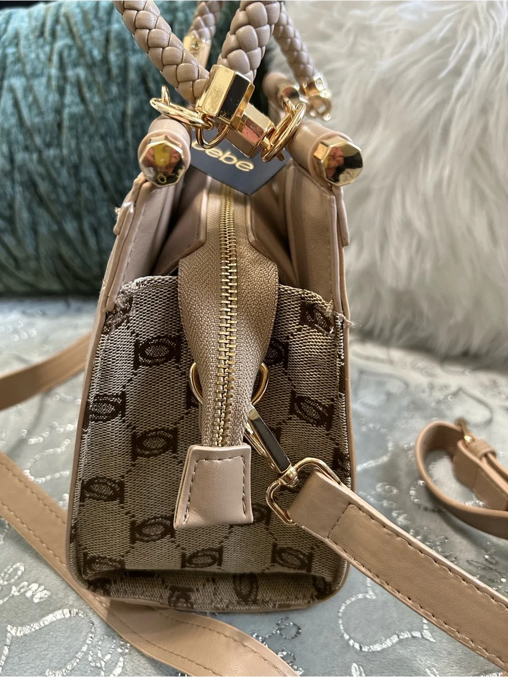 NWT Bebe Celia Beige Tan Logo Jacquard Braided-Handle Mini-Satchel